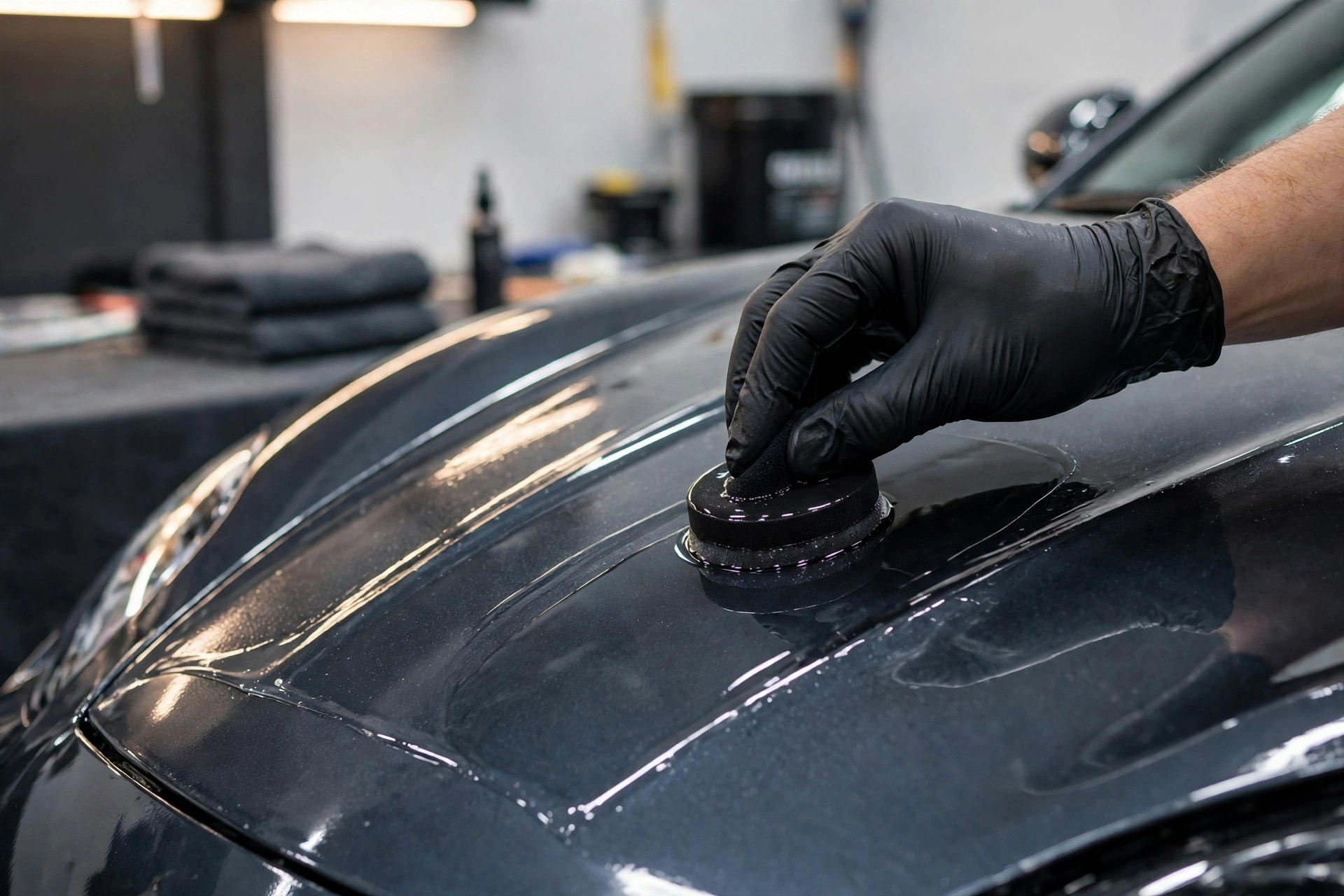 Technician applying ceramic coating by hand
